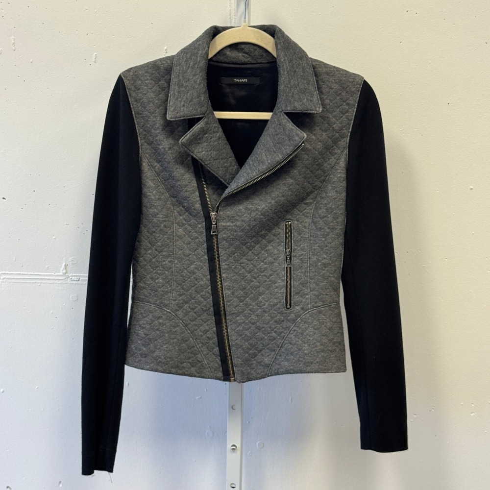 Tahari Mixed Media Quilted Moto Jacket Grey Black Asymmetrical Zip Size S